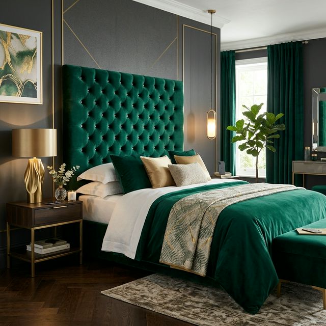 Emerald velvet tufted headboard